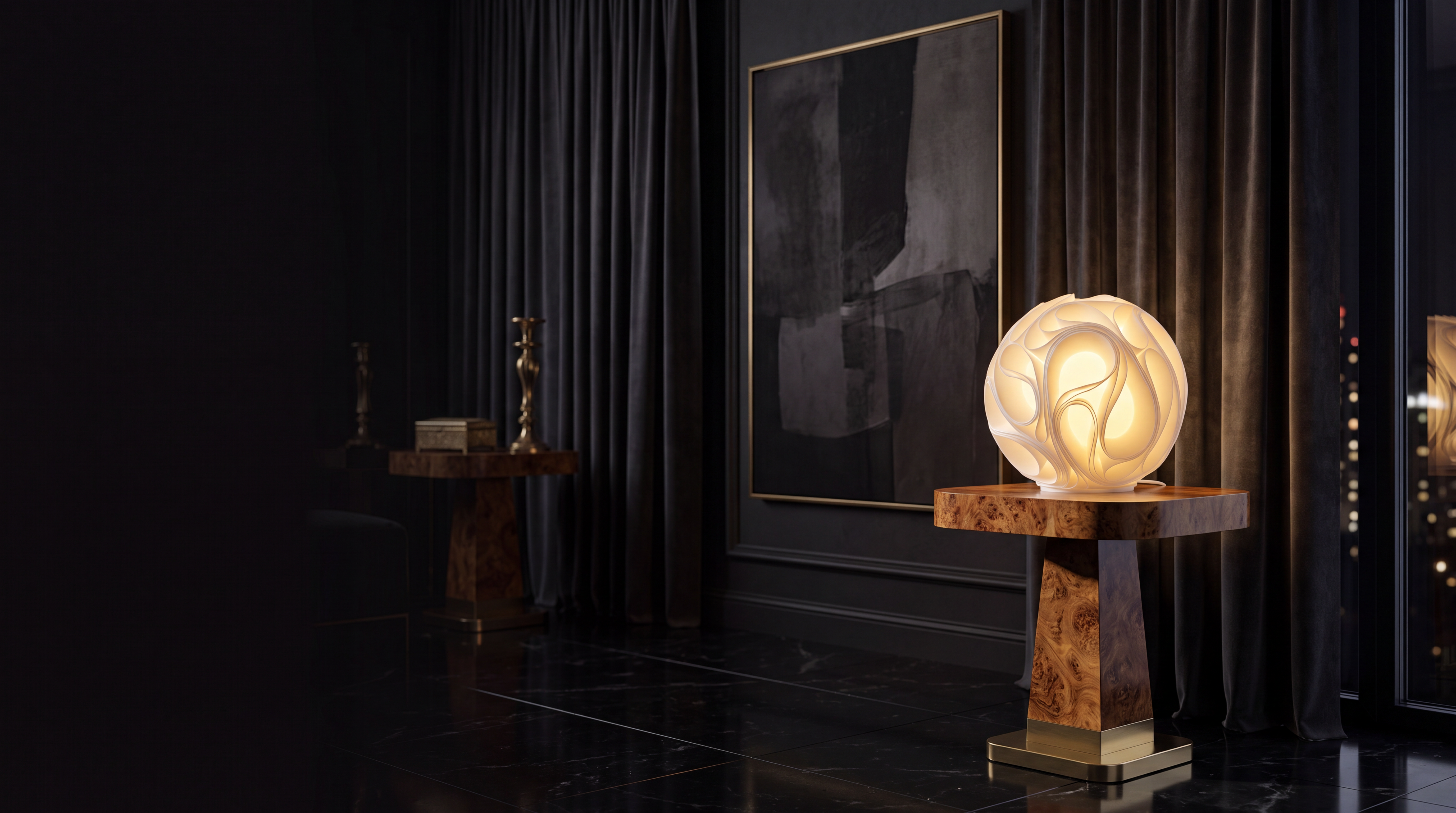 Gravity — lampă sculpturală aprinsă într-un salon întunecat, Artema Concept