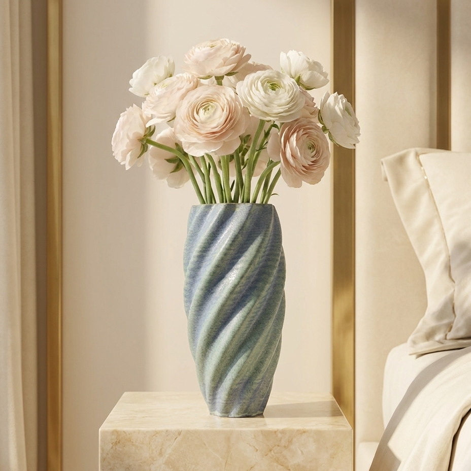 Nerea Deep Sea — vază ceramică sculpturală Artema Concept, cu ranunculus