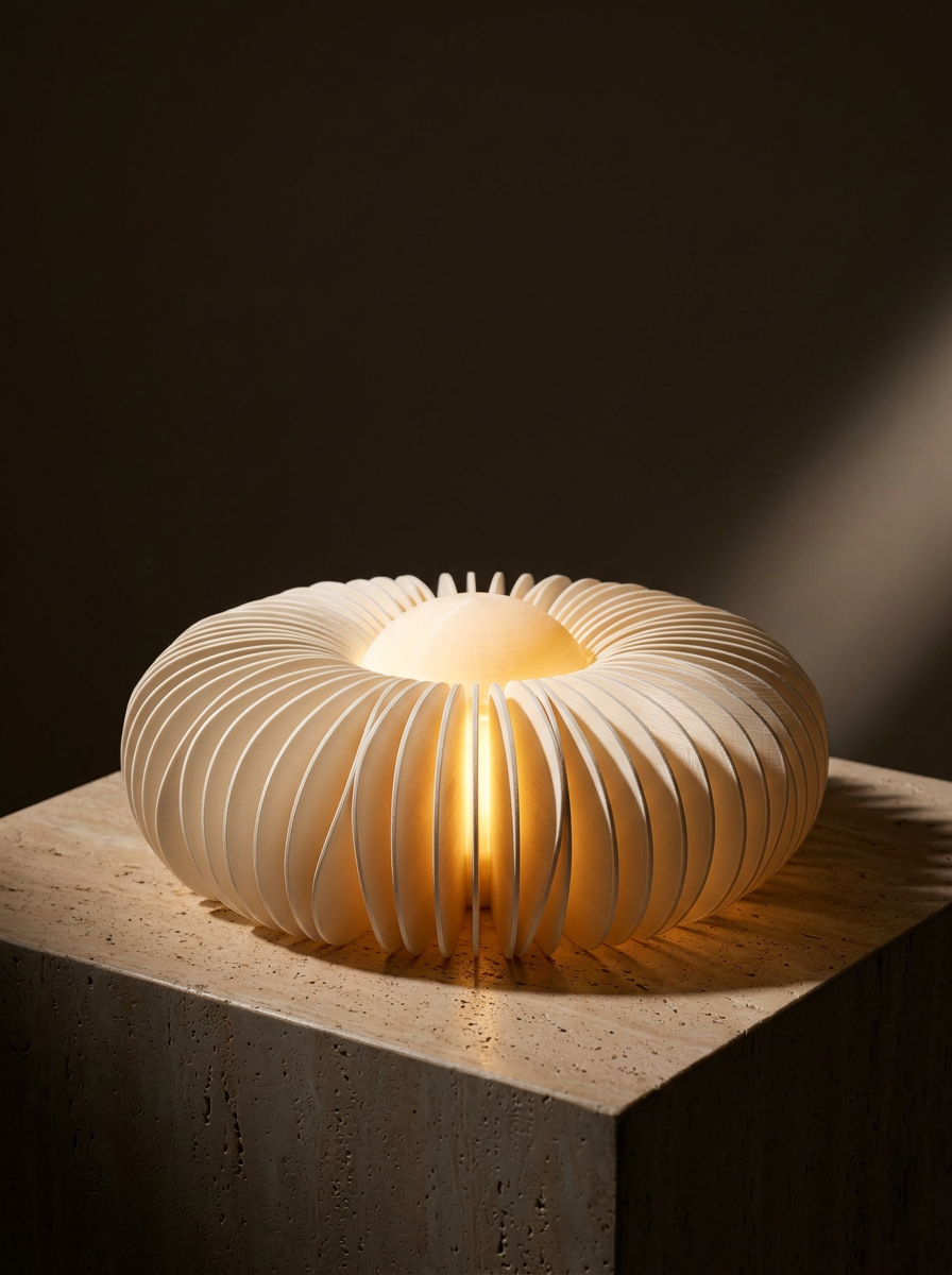 Midnight Sun — lampă sculpturală aprinsă pe soclu de travertin, Artema Concept