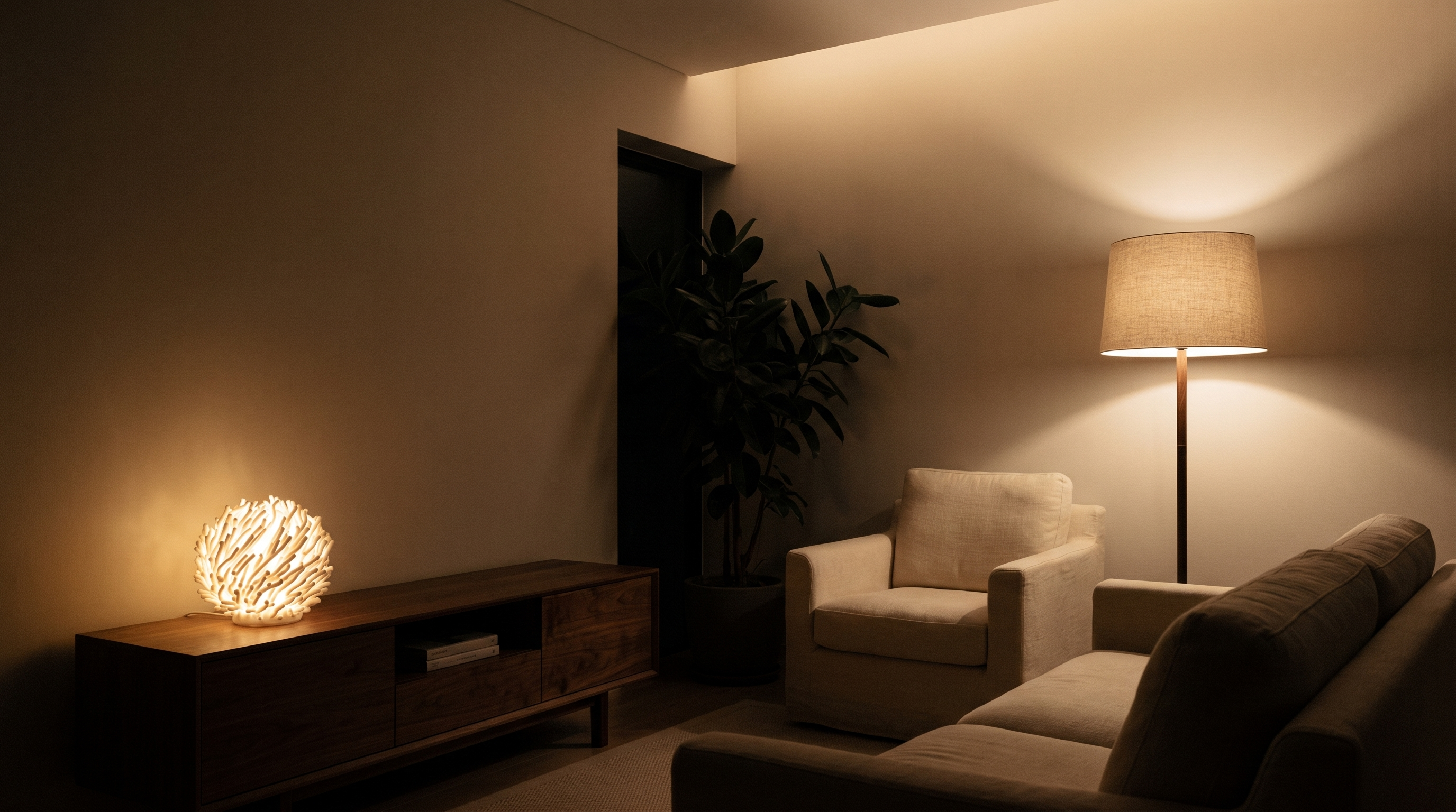 Living seara cu trei surse de lumină: lampa Coral pe consolă, lampadar și lumină generală