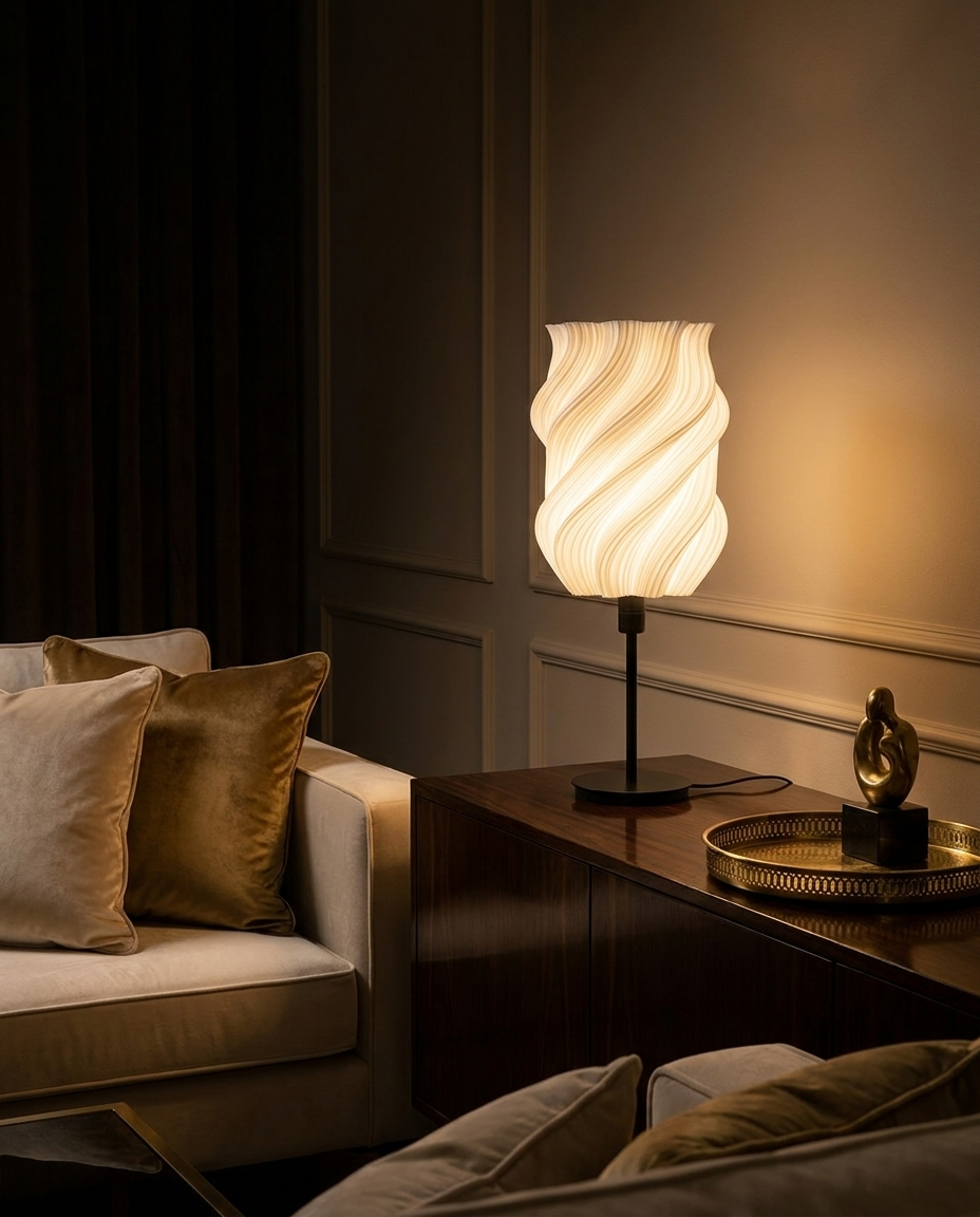 Infinity aprinsă într-un living opulent, noaptea
