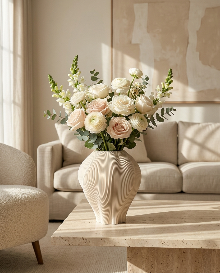 Onda cu aranjament floral alb-blush, living luxos