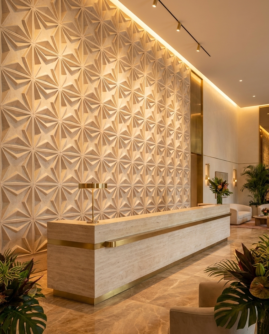 TERRA crem — placare perete recepție hotel