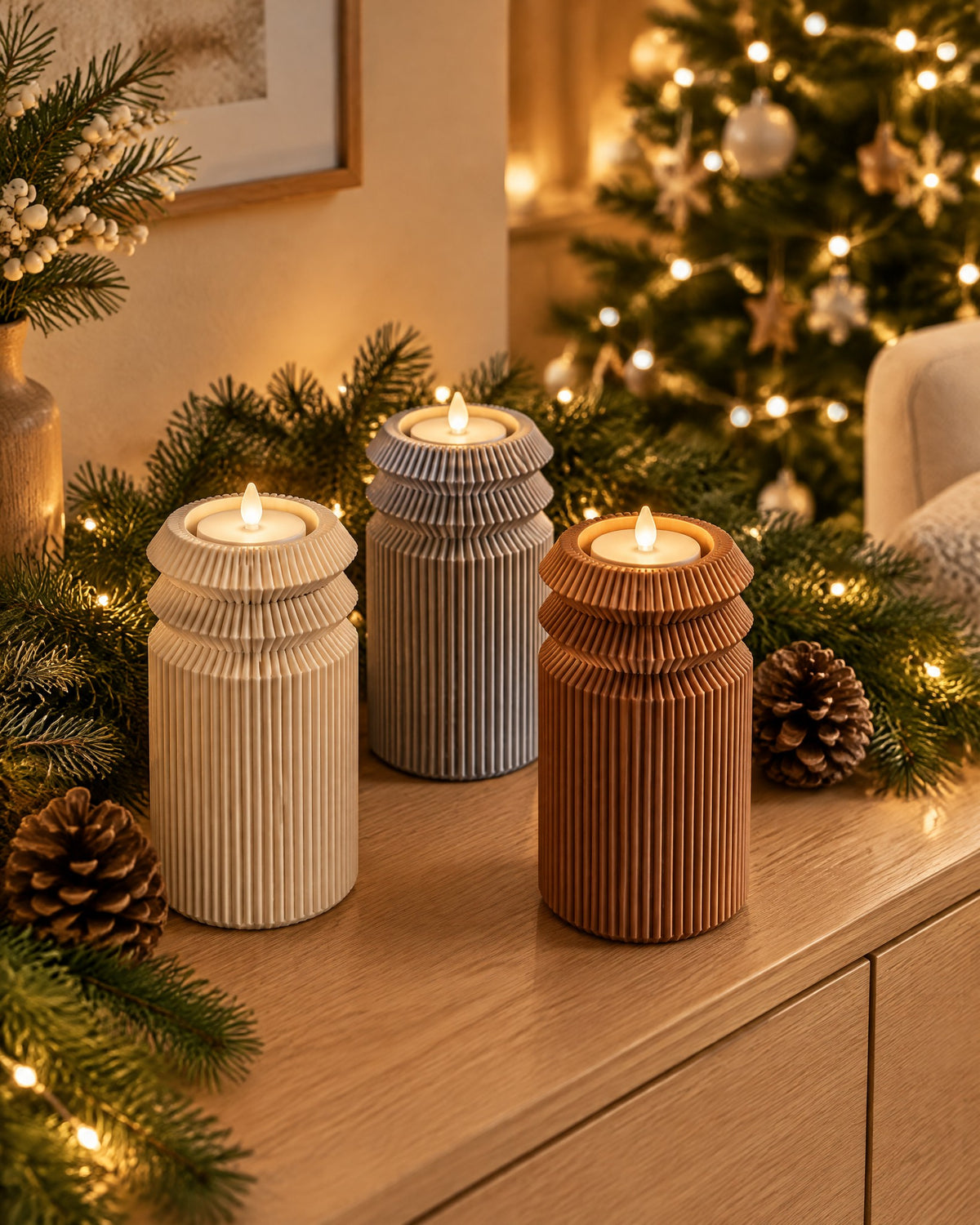 Suport lumânare mare – decor de Crăciun în living, lângă brad